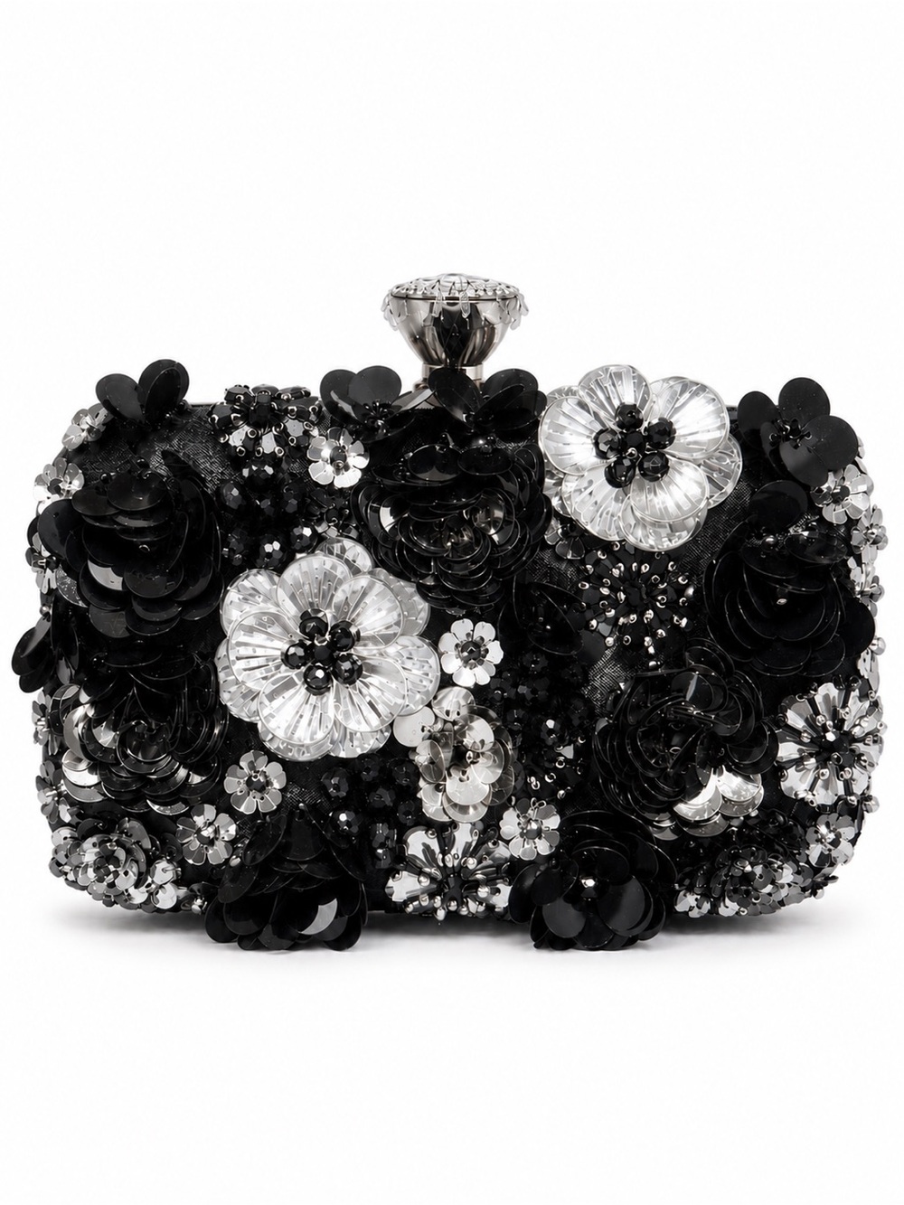 Elegant Black & Silver Floral Sequin Evening Clutch